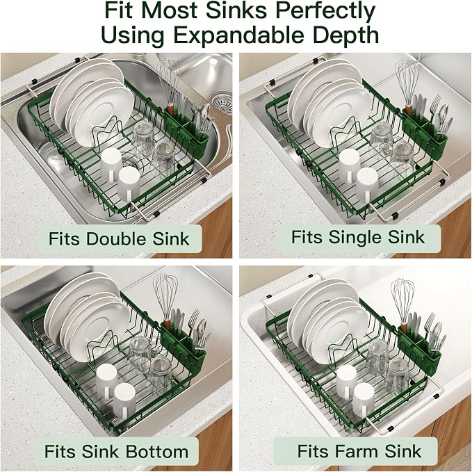 Green Dish Drying Rack Over The Sink with Utensil Holder | Expandable Stainless Steel Dish Drainer for Small Kitchen, Apartment, RV, Counter Space Saving, Perfect Fit, Rustproof