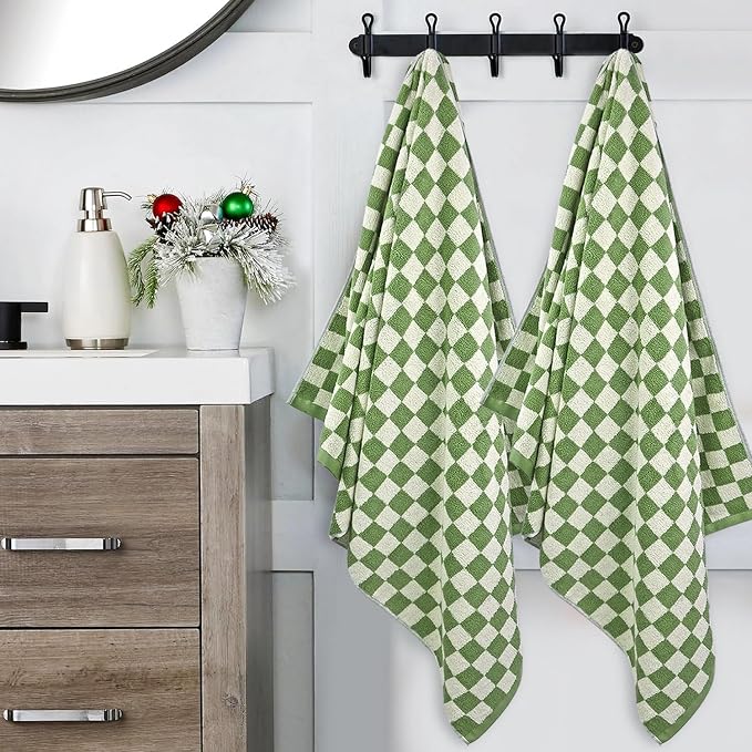Bath Towels Set of 2 - Luxury Cotton Bathroom Shower Towels Body 55”x27.5” | Absorbent, Quick Dry, 520GSM, Green Checkered Bathroom Decor