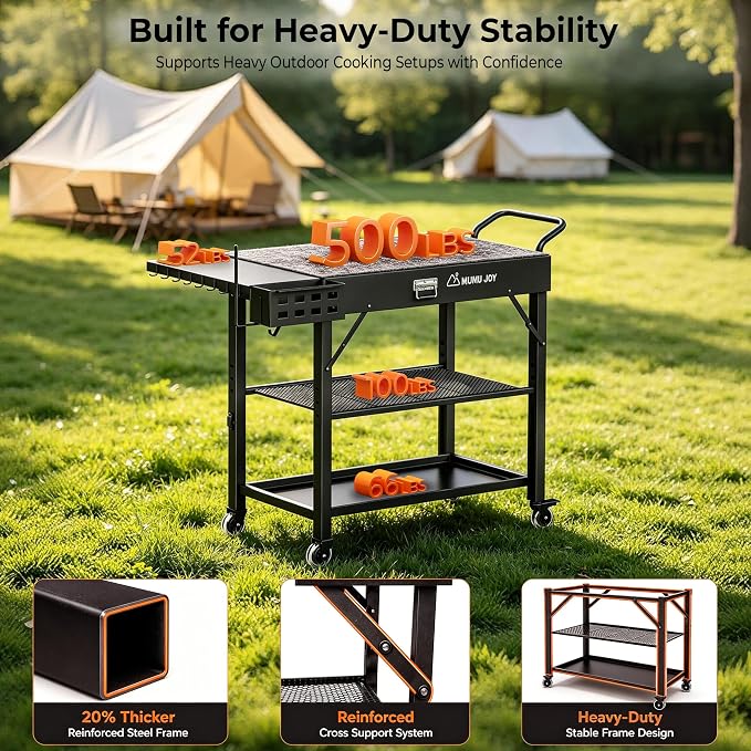 Grill Cart, 19 inch,3 Tier Foldable Grill Table with Wheels 500 Lb | Tool-Free Setup and Locking wheels Blackstone Table adds prep space for 17” or 22” Blackstone, Ninja, Cuisinart, Ooni Grills