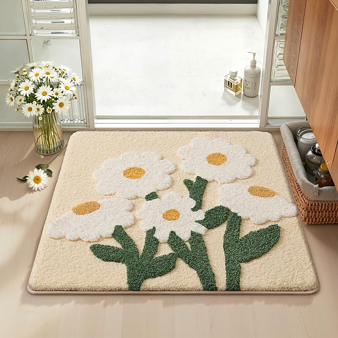 LUMI Bathroom Rugs Cute Daisy, Soft Absorbent Square Bath Mat Non-Slip, Machine Washable Quick Dry Beige Luxury Rug Flower for Kids Room, Bathtub, Home Decor, 32"x32"