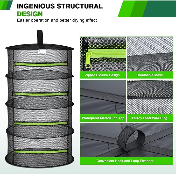 Yesker 4 Layer Herb Drying Rack Hanging Mesh Net Foldable Plant Drying Racks 24" w Green Zipper Pruning Shears Hook Dryer Hanging Rack for Herbs Seed Bud Fruit Clothes Grow Tent Closets Garden Outdoor | 24" w Green Zipper Pruning Shears Hook Dryer Hang...