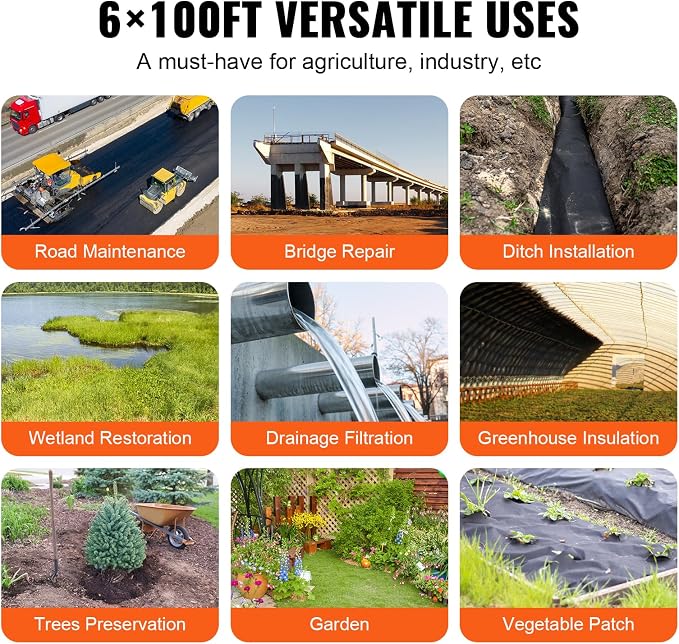 VEVOR 6FTx100FT Non-Woven Geotextile Heavy Duty 8oz Driveway Underlayment for Gravel, Ground Cover, Garden Weed Barrier, Drainage Fabric, Landscaping, Black | 350N Tenacity & 440N Load Capacity, Weed Barrier Fabric, Landscaping Fabric for French Drain,...
