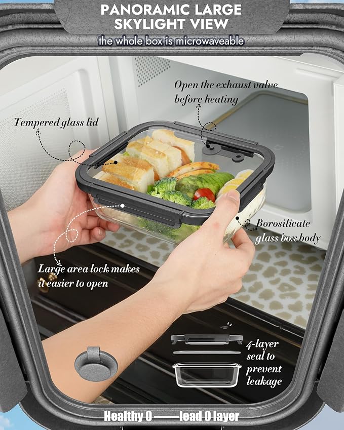 12-Pack Glass Containers with Tempered Lids – Borosilicate, Oven-Safe(-4°F~950°F), Airtight, BPA-Free, Multi-Size for Meal Prep, Dishwasher Safe, 1.6 cups to 6.4 cups (Gray)