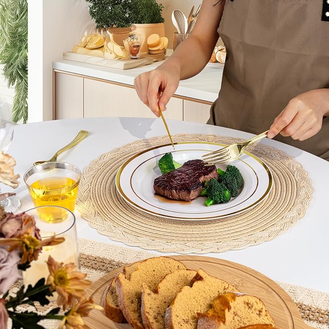 BESTVIP 700PCS Gold Plastic Dinnerware Set for 100 Guests, Disposable Plates for Party, Include: 200 Plastic Plates, 100 Pre Rolled Napkins with Gold Silverware, 100 Cups for Christmas, Halloween