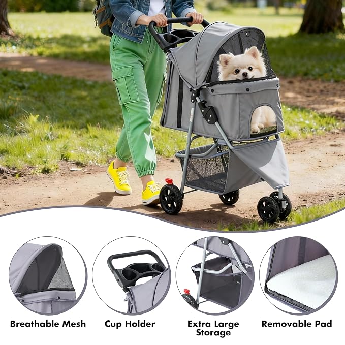 DUMOS 3 Wheels Pet Stroller for Small Dogs and Cats, Foldable Dog Stroller with Mesh Windows, Storage Basket & Cup Holder, Lightweight & Durable Pet Carrier for Outdoor Use, Grey