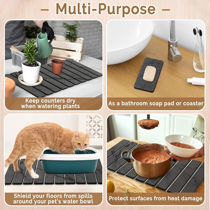 Large Stone Dish Drying Mat for Kitchen Counter, Quick Dry Stone Dishes/Bath Mats,Foldable Water Absorbing Diatomaceous Earth Drying Organizer Pad for Plate Rack Bottles Utensils(Dark Gray 24"×16")