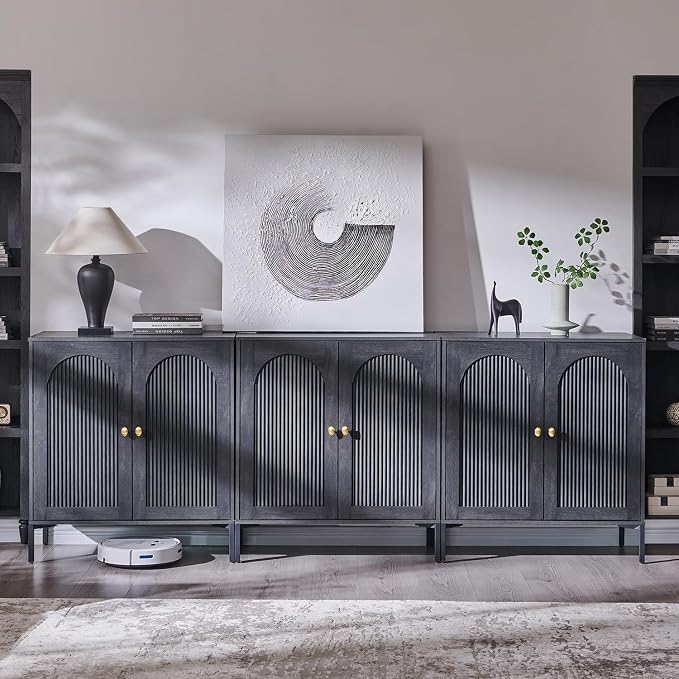 IFGET 92.63" W Modern Arch Sideboard Buffet Cabinet with Storage, Dark Grey | Fluted Arched Sideboard Cabinet w/Adjustable Shelves, Wood Modular Kitchen Cabinet for Dining& Living Room, Entryway