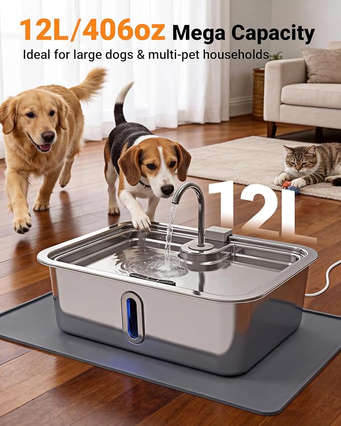 12L/3.17Gal Dog Water Fountain with Silicone Mat & 3 Filters, Stainless Steel Multi Pet Water Dispenser, Quiet Automatic Dog Water Bowl Dispenser with Visible Window & Alert Light for Large Dogs Cats