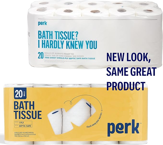 Perk 1-Ply Toilet Paper, Septic Safe Tissue Rolls, 1,000-Sheets Per Roll, 20-Pack, White