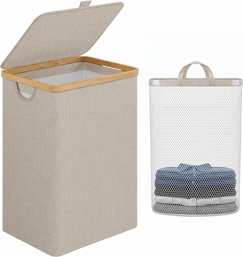 iEGrow Laundry Basket with Lid, Large Laundry Hamper with Handle and Lid, Collapsible Clothes Basket Organizer with Removable Inner Bag for Clothes Towels (Oatmeal, 85L)
