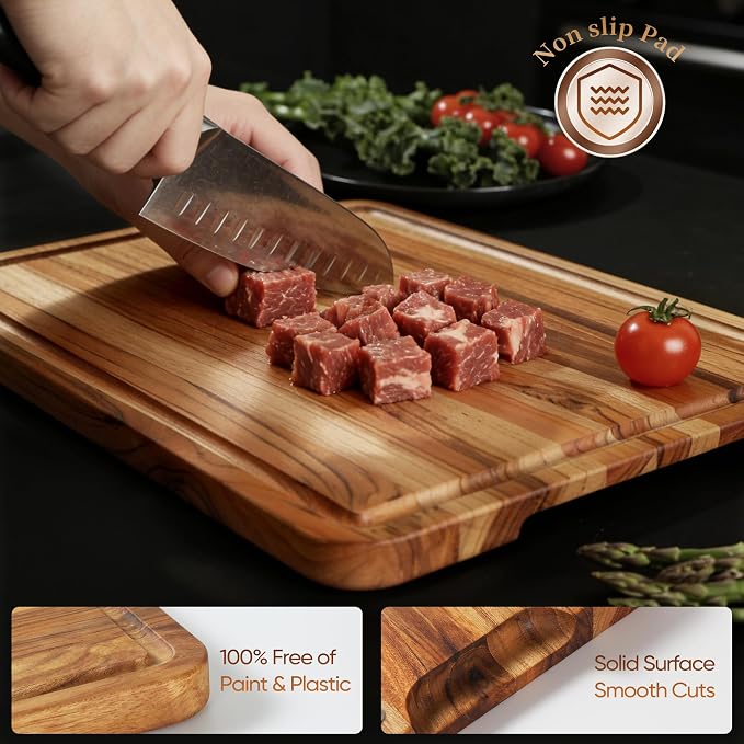 XXLarge Teak Cutting Board Wood Wooden Cutting Boards For Kitchen | Extra Large Solid Butcher Block, Natural Non-toxic, Non-slip Base, Charcuterie Board, Best Cutting Chopping Board