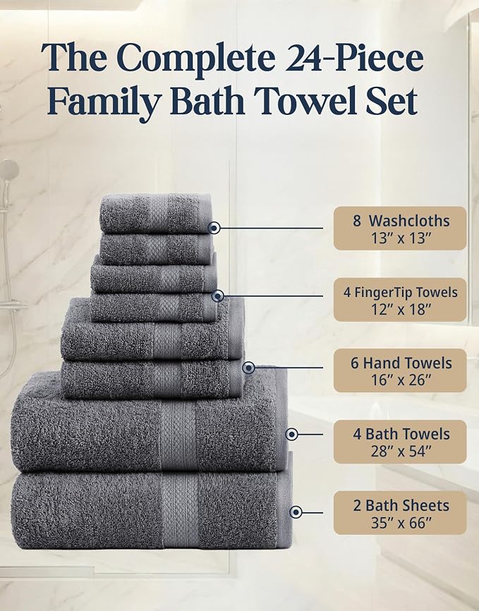 LANE LINEN 100% Cotton Bath Towels Set - 24 PCs - Durable, Quick Dry, Super Soft & Highly Absorbent - 4 Bath, 4 Fingertip, 6 Hand Towels, 8 Washcloths, 2 Bath Sheets - Perfect Family Set - Cool Grey | Towels And Washcloths Sets - Oversized & Roomy, Lig...