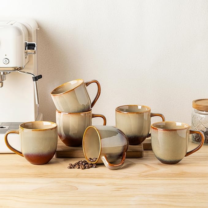 theterra Ceramic Coffee Mugs Set of 6, 12oz Handmade Coffee Cups with Handle for Latte, Tea, Milk, Beer, Hot Cocoa, Creamy Amber