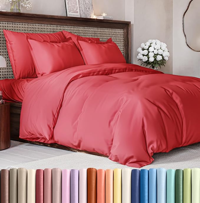 Duvet Cover Queen Size Set - Extra Soft Queen Duvet Cover 90" x 90" with 2 Pillow Shams for Women, Men, Kids & Teens - Hotel Luxury, Easy-Care w/ Zipper Closures & Ties - Comfy and Breathable (Red)
