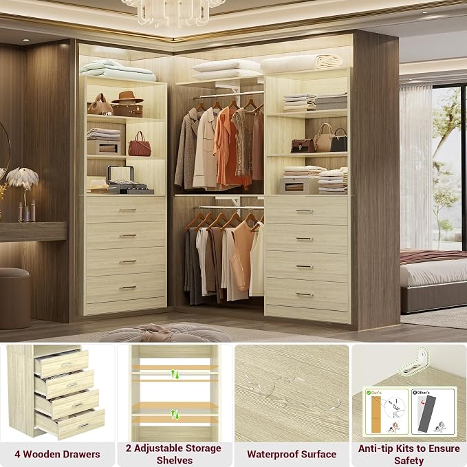 Aheaplus Wood Closet Organizer System with 4 Drawers, Modular Walk-in Closet Storage Unit, Small Closets Wardrobe Rack, Tall Storage Cabinet Unit, White Oak
