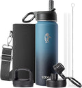 Coolflask Water Bottle 24 oz Insulated with Straw, Stainless Steel Metal 3 Lids Water Flask Wide Mouth for Sports or Office, Non-BPA Keep Cold Up to 48 Hrs or Hot Up to 24 Hrs, Samurai Cyan