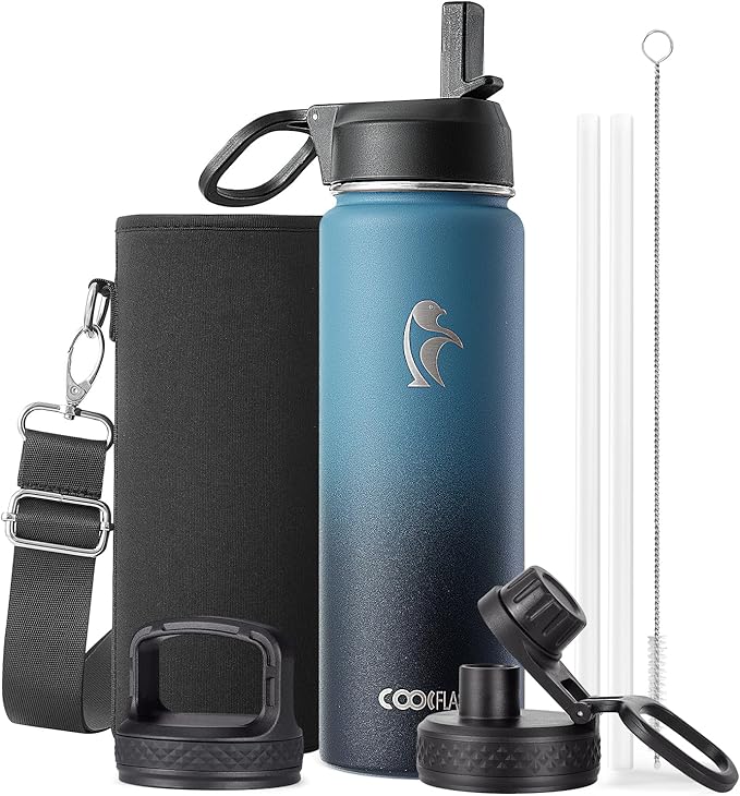 Coolflask Water Bottle 24 oz Insulated with Straw, Stainless Steel Metal 3 Lids Water Flask Wide Mouth for Sports or Office, Non-BPA Keep Cold Up to 48 Hrs or Hot Up to 24 Hrs, Samurai Cyan
