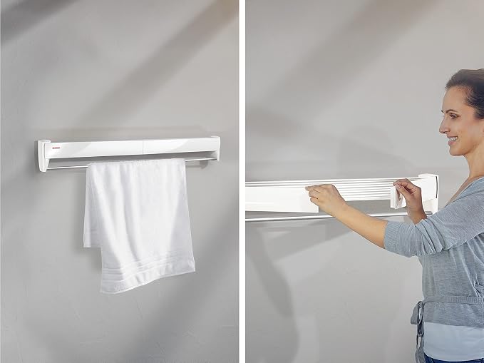 Leifheit Wall Dryer Telegant 36 Protect Plus, Space Saving Wall Mounted Clothes Drying Rack with 3.6 m Drying Length, Hidden Folding Design, 5 Rustproof Rails and 60 cm Aluminum Towel Bar