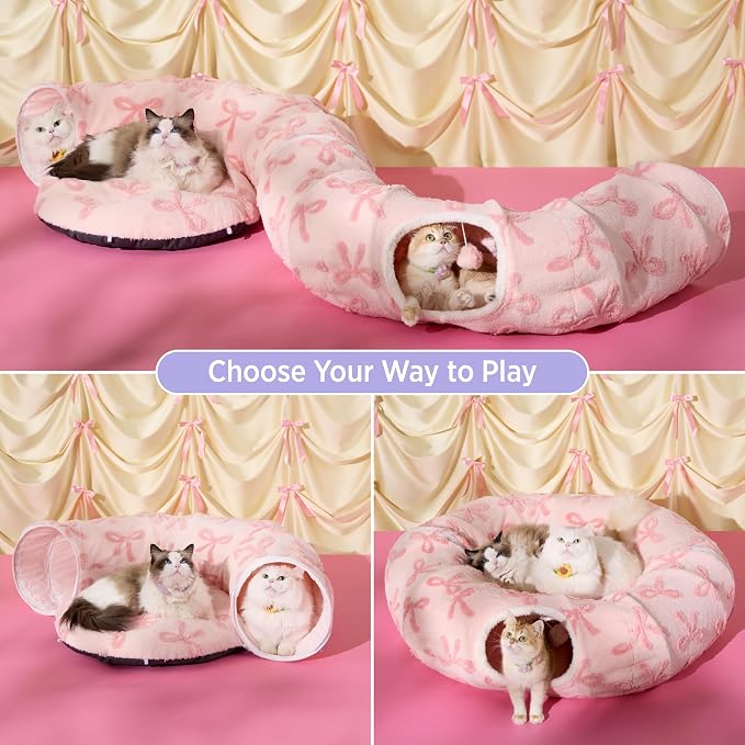 Lesure Large Cat Tunnel Bed - Cute Donut Bed for Indoor Cats with Washable Circle Cushion, Round Pet Peekaboo Cave Toy for Multi Kitten/Puppy/Rabbit, Large Pink Taffy