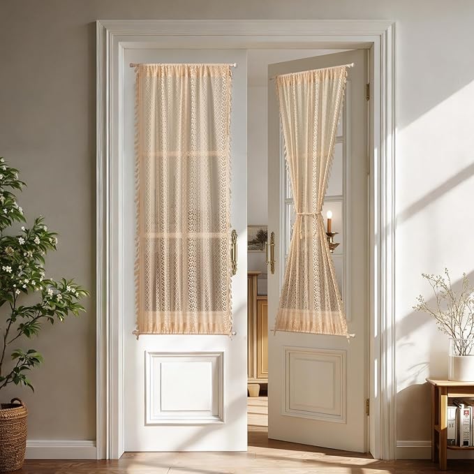 Sutuo Home French Door Curtains for Front Glass Door & Sidelights, Cottagecore Semi Sheer Farmhouse Rustic Tassels Vintage Chic Privacy Bohemian Decor, Rod Pocket 2 Panels 25" W x 72" L Beige