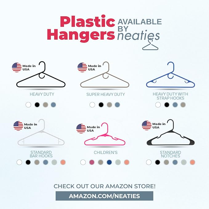 Plastic Hangers 100 Pack – Made in The USA – 6lb Capacity Standard Clothes Hangers with Strap Hooks for Dresses, Lingerie, Shirts, Pants, and Jackets – White & Pink