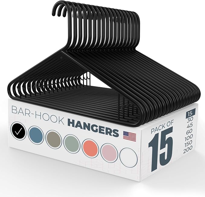 Plastic Hangers 15 Pack – Made in The USA – 6lb Capacity Standard Clothes Hangers with Strap Hooks for Dresses, Lingerie, Shirts, Pants, and Jackets – Black