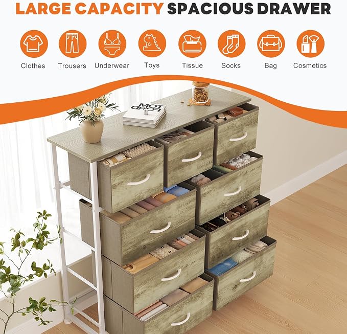 Sweetcrispy 9 Drawer Fabric Dresser Storage Tower with Wood Top and Steel Frame, Organizer Chest with Easy Pull Handles for Bedroom, Closet, Hallway,Oak Greige