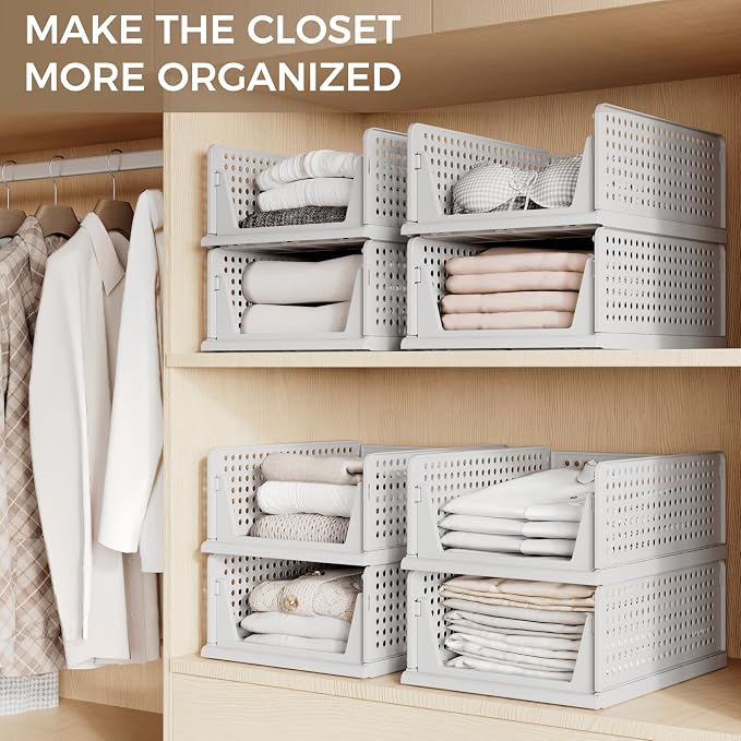 Pinkpum Grey 6 Pack Closet Organizers Storage Bins, Stackable Plastic Drawer Basket for Clothing, Stackable Storage Bins Shelf Storage Container for Closet Wardrobe Bedroom Bathroom Office
