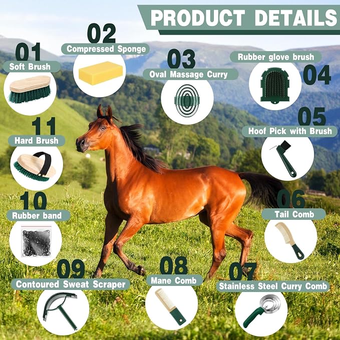 Abbylike 12 Piece Horse Grooming Kit with Organizer Tote Bag Brush Sets for Derby Day Show Horses Professional Tools for Care & Massage(Khaki and Green)