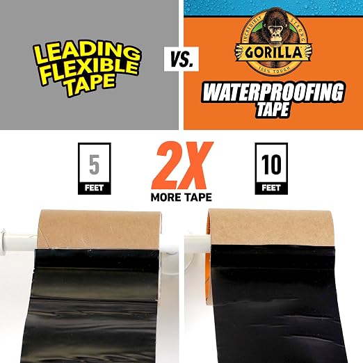 Gorilla Waterproofing Tape, Black, 4" x 10' (Pack of 2) - Permanent Weather Resistant Seal for Leaks and Repairs