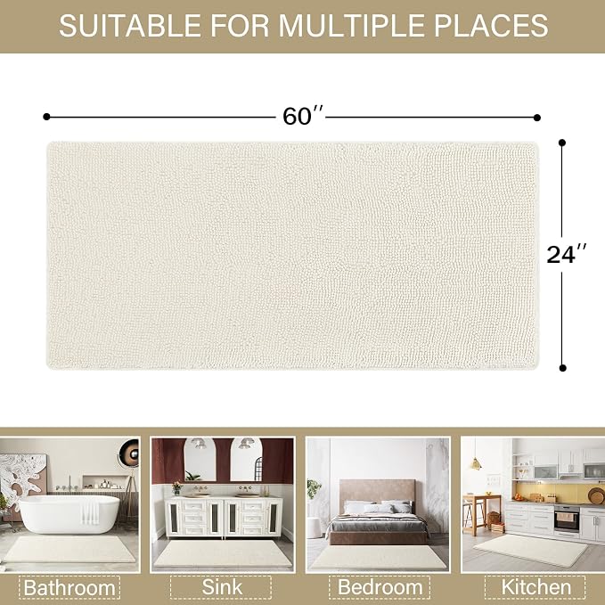 LOCHAS Luxury Bathroom Rug Shaggy Bath Mat 24 x 60 Inch, Cream White | Washable Non Slip Bath Rugs for Bathroom Shower, Soft Plush Chenille Absorbent Carpets