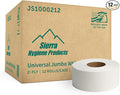 Sierra Hygiene 2-Ply Jumbo Toilet Paper Rolls, 3.5" x 1000' Universal Bath Tissue, 9” Diameter Commercial Toilet Paper for Dispensers, Septic Safe, Made in USA, 12 Rolls/Case