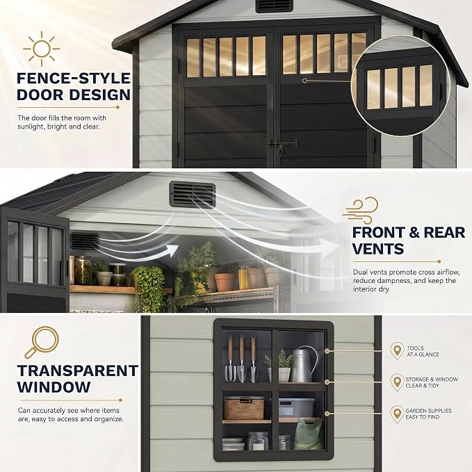 DWVO 6x4.4 FT Outdoor Storage Shed with Fence-Style and Side Windows, Lockable Door and Vents Resin Storage Shed for Garden, Backyard, Patio, Lawn
