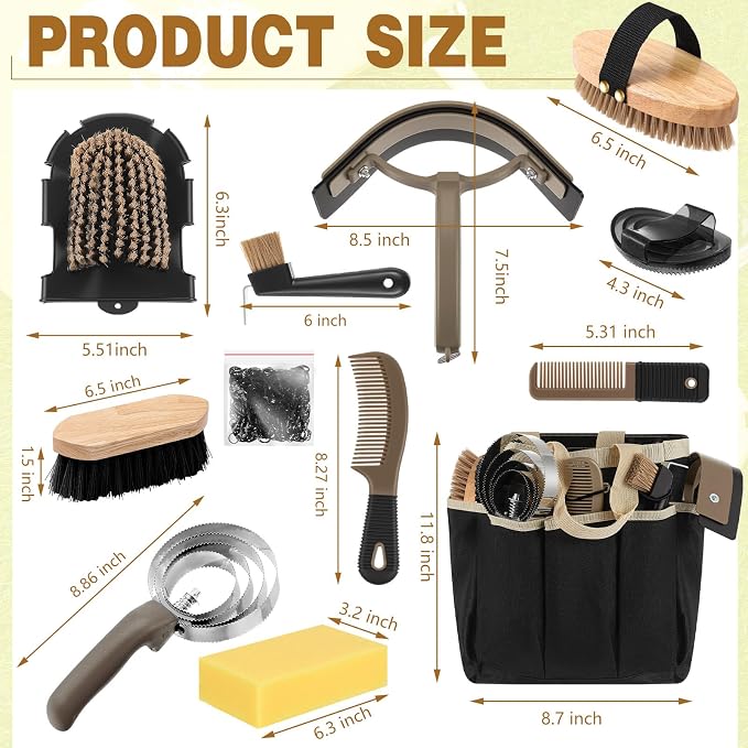 Abbylike 12 Piece Horse Grooming Kit with Organizer Tote Bag Brush Sets for Derby Day Show Horses Professional Tools for Care & Massage