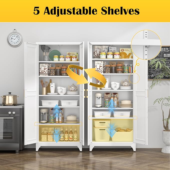 SteeLoong 75”Metal Pantry Storage Cabinet with Doors & 5 Adjustable Shelves | Kitchen Pantry Cabinet,White Kitchen Cabinet with 2 Gold Handles,Tall Cabinet for Livingroom,Pantry, Bathroom,Kitchen,Garage