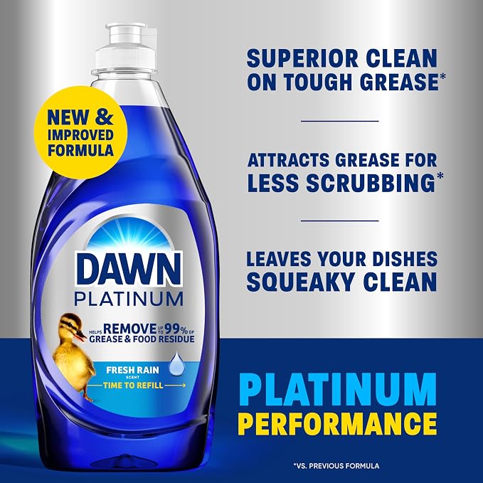 Dawn Platinum Dish Soap, Fresh Rain Scent Liquid Dishwashing Detergent, Powerful Dawn Dish Soap for Tough Grease Removal, 13 oz