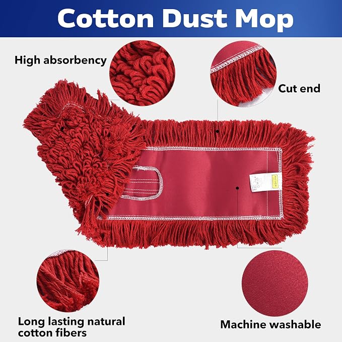 Matthew Cleaning 24'' Industrial Strength Cotton Dust Mop Refill Washable Replacement Heads for Residential & Commercial Use Fit Standard Dust Mop Frames, Hardwood,Concrete Floors Red 12 Pack