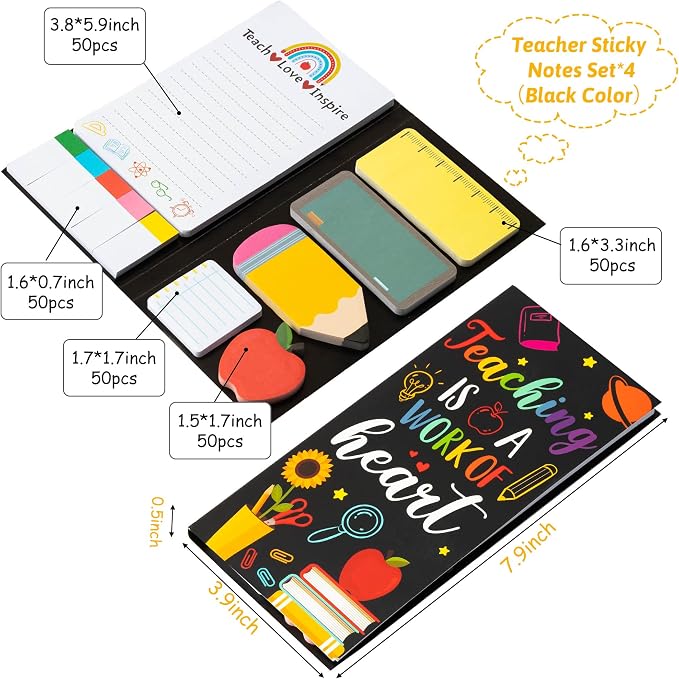Xqumoi 4 Pcak Teaching is A Work of Heart Sticky Notes Set - Blackboard Pencil Apple Self-Stick Note Pads Teacher Appreciation Gift Writing Memo Pads Page Marker Back to School Office Supplies (Black)