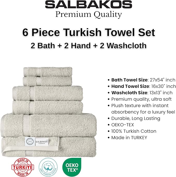 SALBAKOS 100% Turkish Cotton Bathroom Towel Set of 6-Piece, Stone | 630 Gsm Thick Super Soft Highly Absorbent 2 Bath + 2 Hand + 2 Washcloth Towels Sets, Giftable, Hotel Quality, Made in Turkey