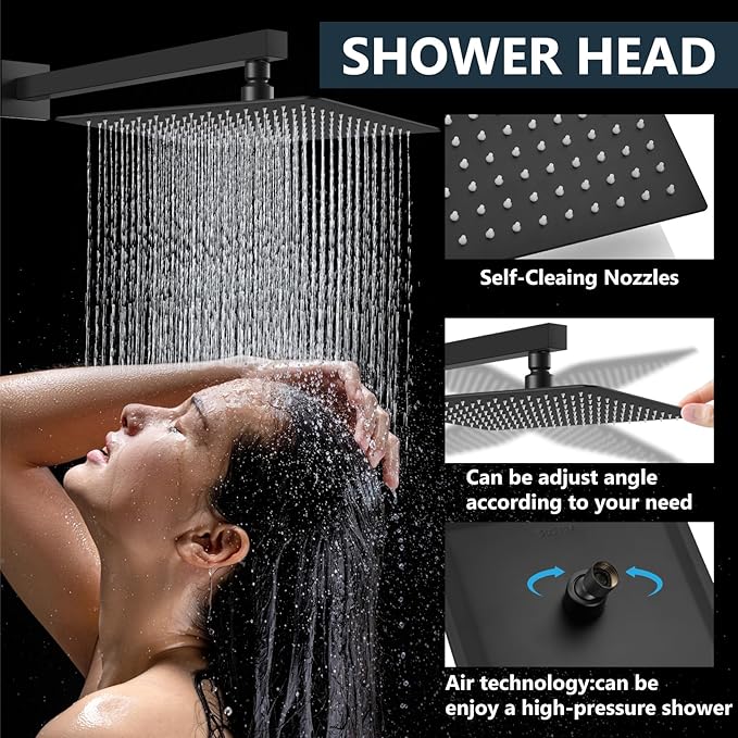 Aolemi Shower Faucet Set Rain Shower System with Handheld Spray Bathroom Shower Combo Rough-in Valve and Shower Trim Kit Included Matte Black 16 Inch Wall Mount Shower Head