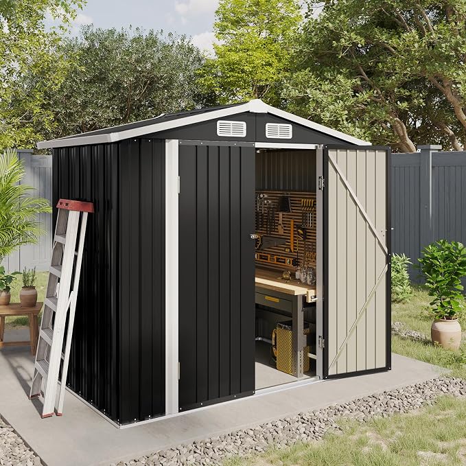 Aoxun 6.2x4 FT Shed Outdoor Storage Shed, Black | Metal Shed with Lockable Doors & Slooping Roof Garden Tool Shed for Backyard, Patio, Poolside
