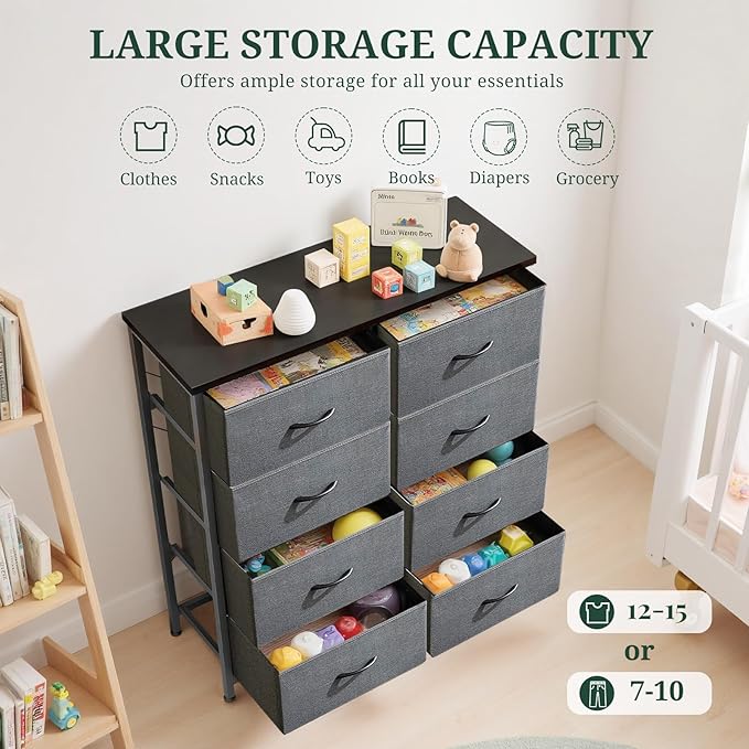 8-Drawer Dresser for Bedroom, Anti-Tip Tall Storage Organizer Chest of Drawers with Wooden Top and Metal Frame Fabric Bins for Closet, Living Room, Hallway, Entryway, Gray