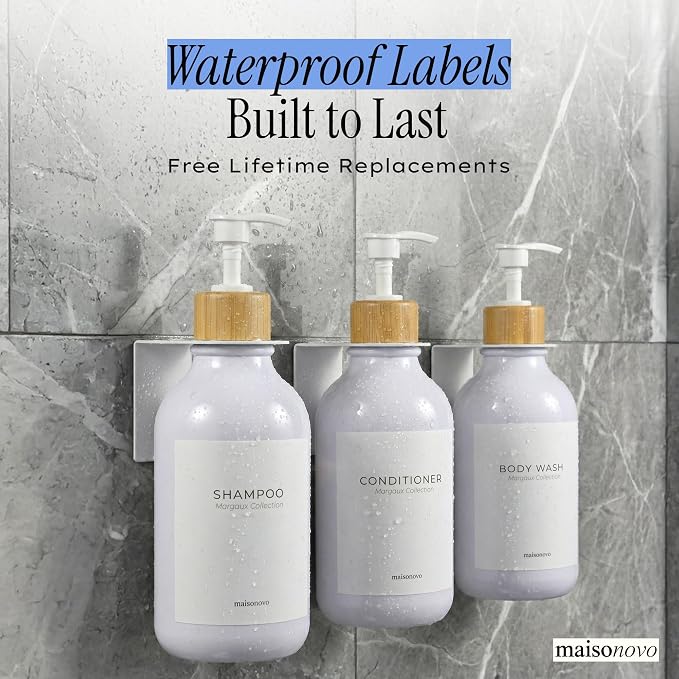 Shampoo and Conditioner Dispenser Wall Mounted Set of 3 White Bamboo - No Drill Shower Soap Dispenser for Bathroom Refillable - Spa Hotel Style Accessories by MaisoNovo