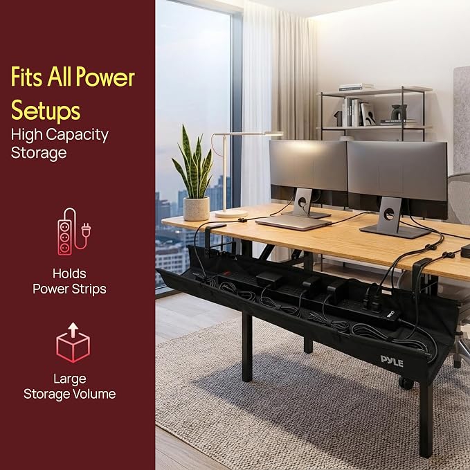 Pyle 48" Under Desk Cable Management Tray, Under Desk Wire Organizer with Clamp or Screw Mount, Desk Cable Organizer with Fabric Design for Large Workstations, Built-in Ties, 20 lb Capacity, Black