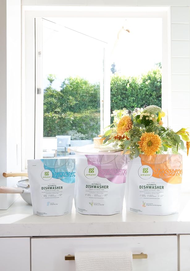 Grab Green Dishwasher Pods, 24 Count, Thyme with Fig Leaf | Plant & mineral based; Enzyme-powered; Velcro Closure; No Harsh Chemicals; Removes Grease and Stuck on Food