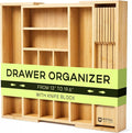 Drawer Organizer for Kitchen Organization – Expandable Bamboo Silverware Drawer Organizer with Removable Knife Block, Bamboo Cutlery, Non-Slip Utensil Organizer with 7-Slot Knife Storage for Flatware