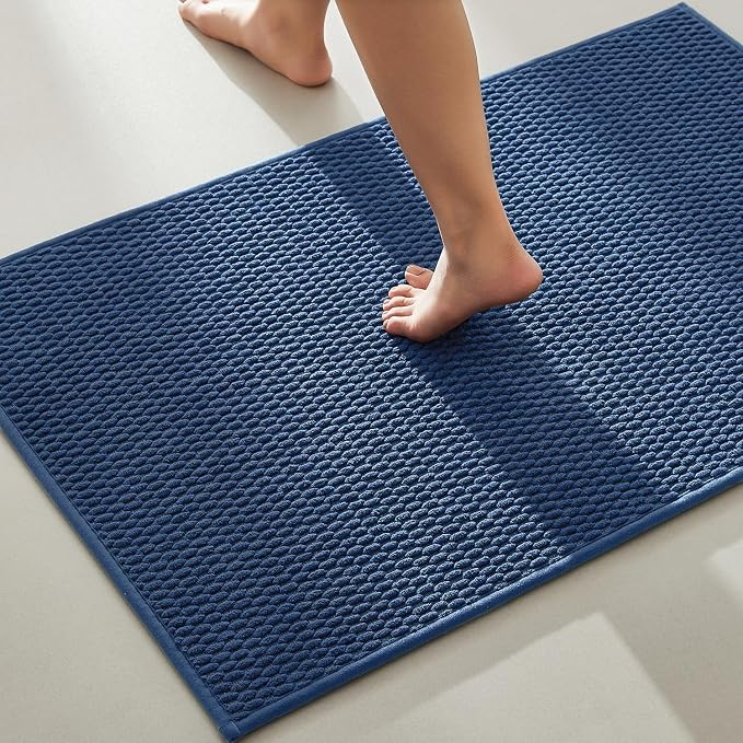 TYUU Bathroom Rugs Non Slip Washable, Super Absorbent Thin Bath Mat Quick Dry Low Pile Bathroom Rug, Navy Blue 24"x36"