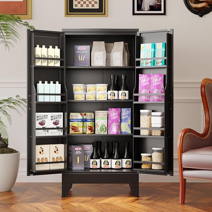 GAIOUS Metal Kitchen Pantry Cabinet, Food Storage Cabinets Black Cupboard | Storage Cabinet with 2 Door and 3 Adjustable Shelves, Freestanding Steel Sideboard, with Door Shelf, for Kitchen Dinning Room