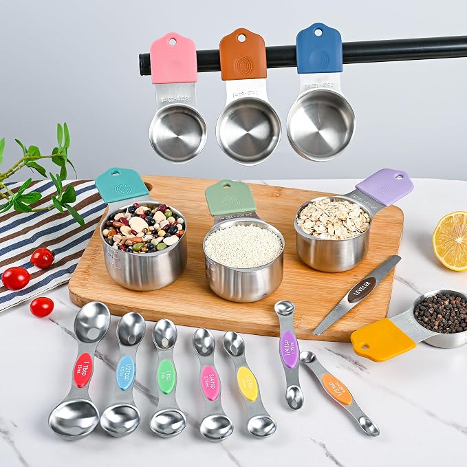 Measuring Cups and Spoons Set 16, Metric & US Stainless Steel Magnetic Measuring Cups and Spoons Set for Baking & Kitchen, Dry & Liquid Metal Measure Cups & Spoons with Leveler