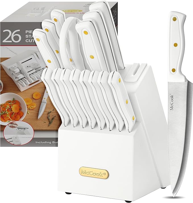 McCook Knife Set White Kitchen Knife Block Set w Built-in Sharpener | German Forged Stainless Steel,26 PC,Razor Sharp,Anti-Rust,Restaurant Grade,Ergonomic Handles,Full Tang,Gift Box